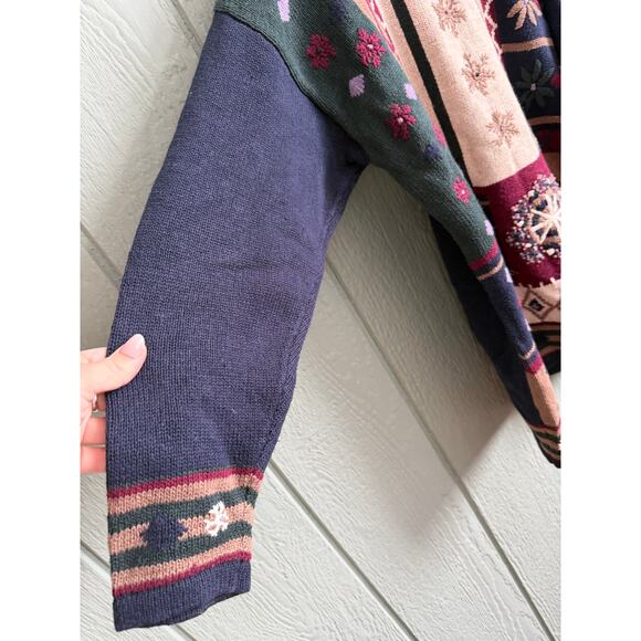 Vintage Tapestry Sweater Women’s LG Patchwork Floral Snowflake Knit - Picture 2 of 6